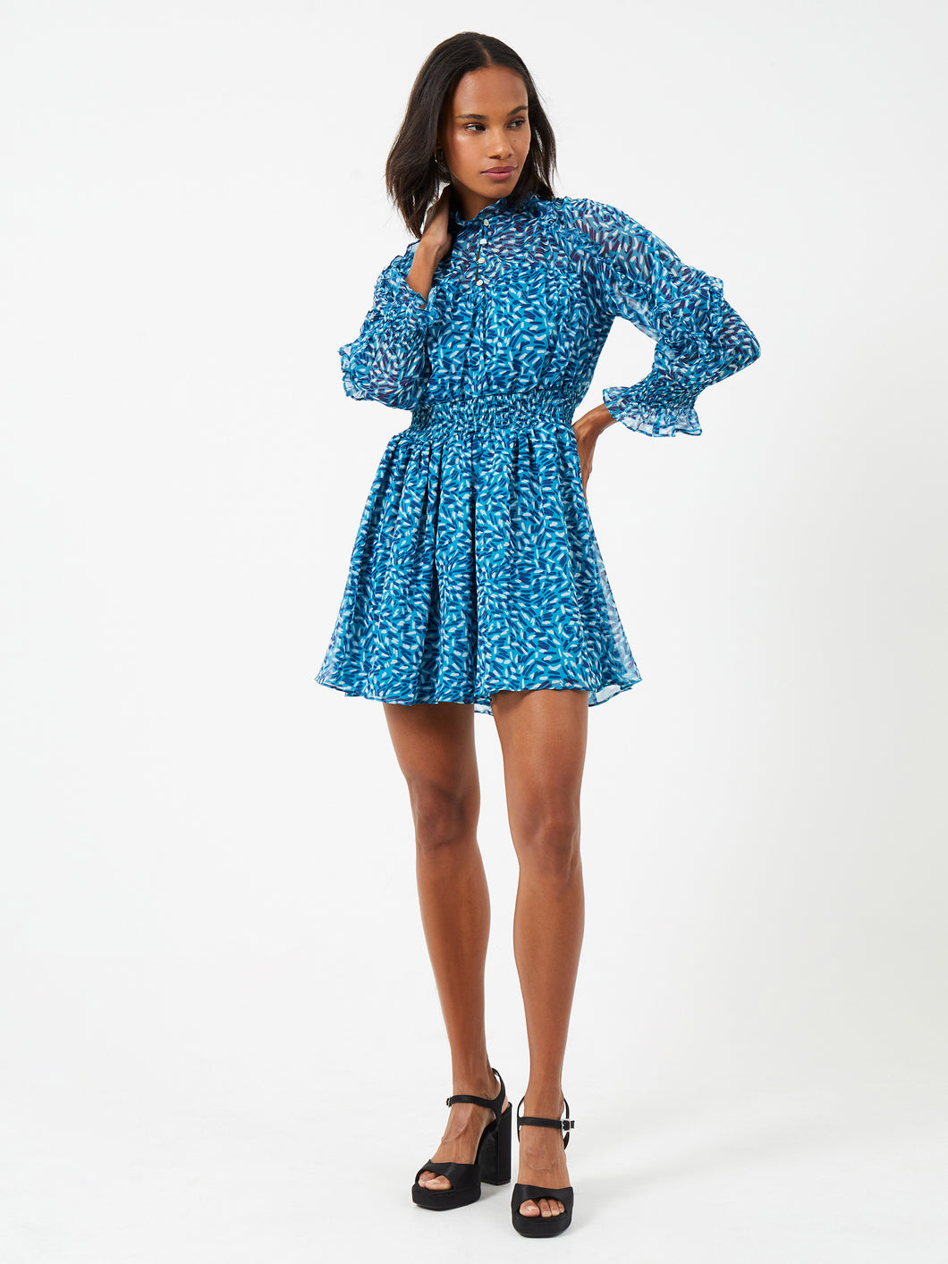 French Connection Billi Hallie Frill Mini Dress In Mosaic Blue